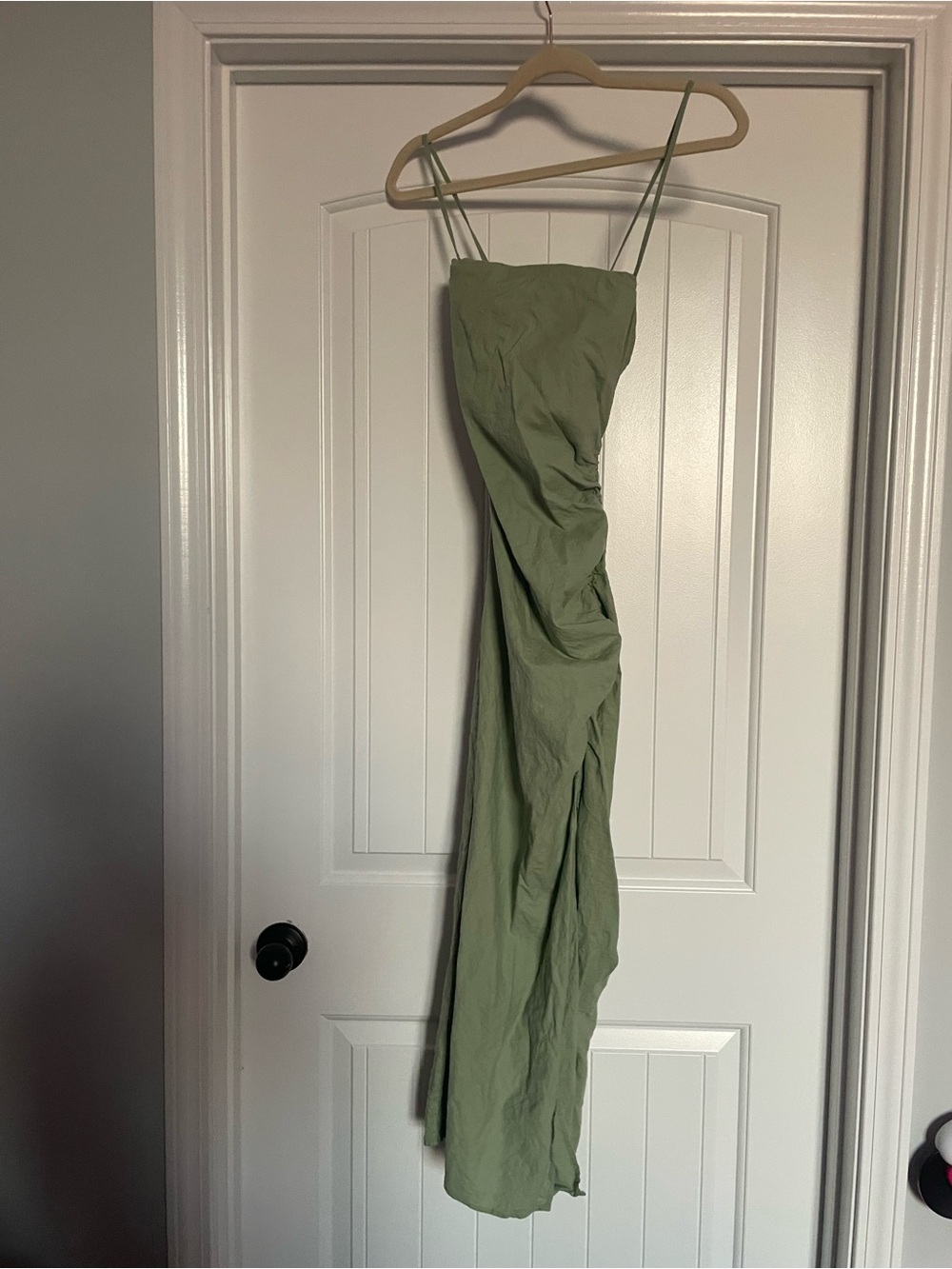 Zara Light Olive Strapless Ruched Maxi Dress